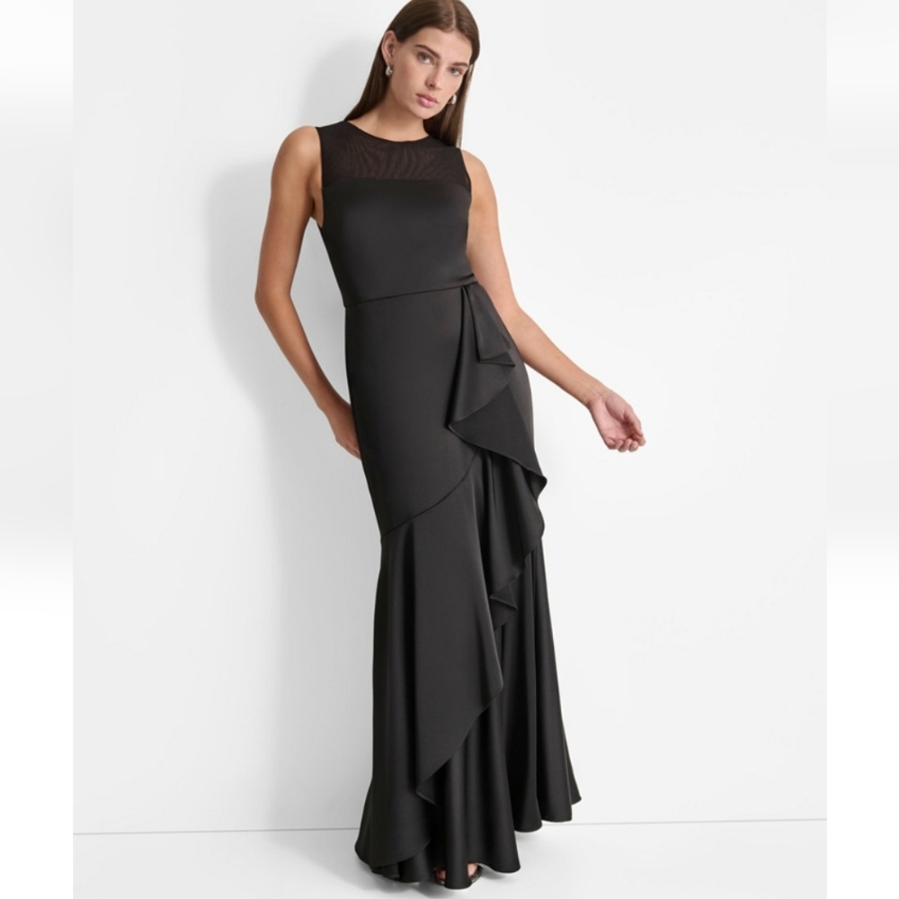 DKNY Mesh-Yoke Cascading-Ruffle Evening Gown